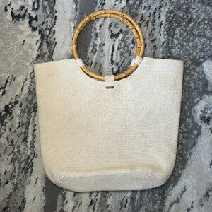 Columbia Woven Bag with Bamboo Circle Handles and Drawstring Inner Lining